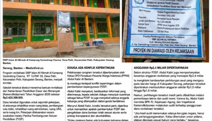 Revitalisasi SMP Islam Al Hikmah Diduga Bermasalah, Dana Rp2,4 Miliar Diminta Diaudit